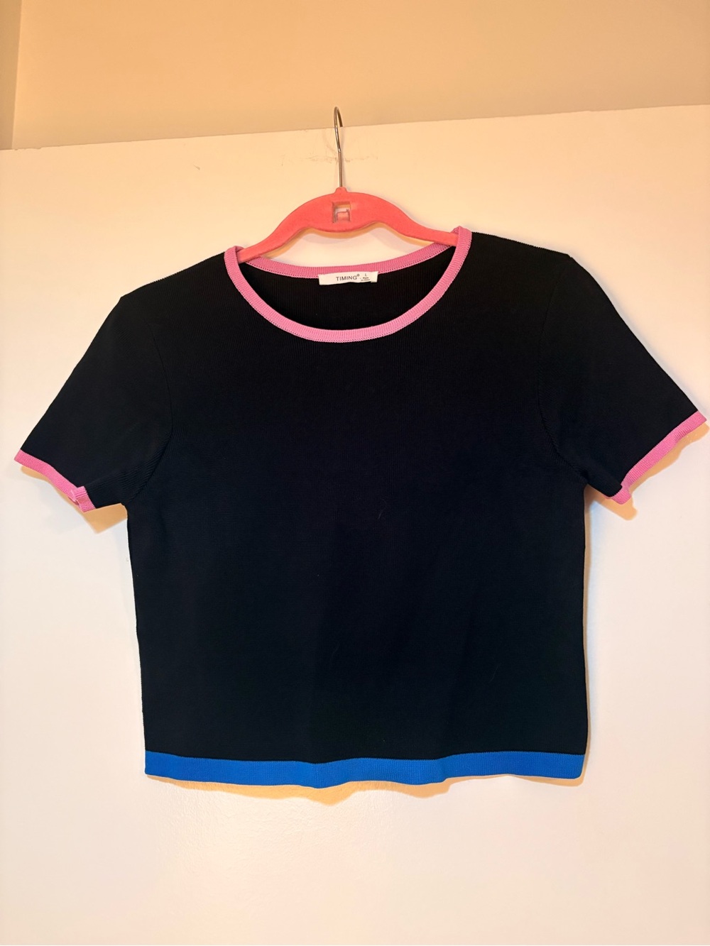 Black Knit Short-Sleeve Top with Pink Trim